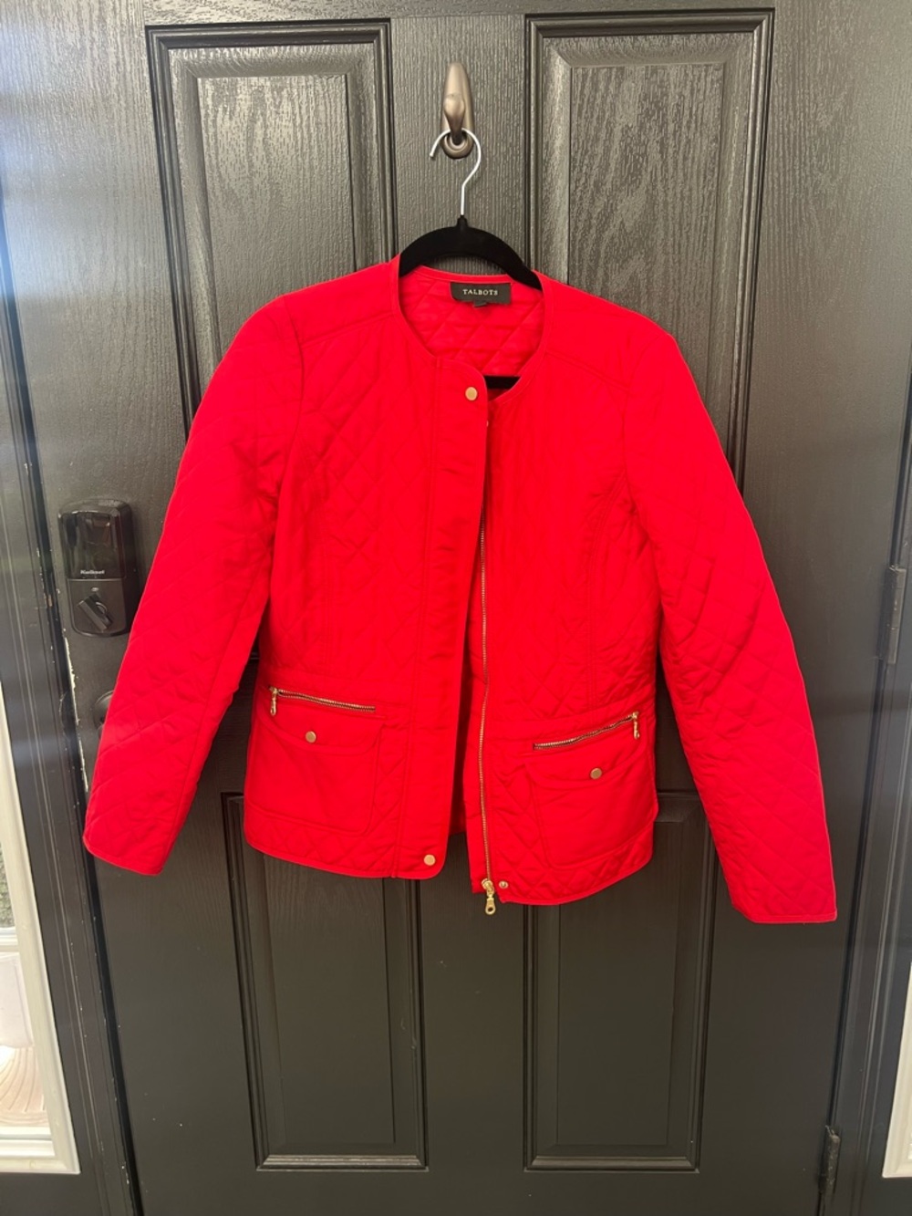Talbots Quilted Bright Red Collarless Puffer Jacket with Gold Hardware